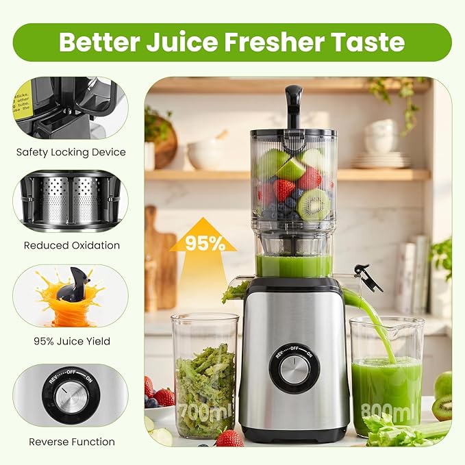 Slow Masticating Juicer Machines, Cold Press Juicer with Safety Lock & Reverse Function, 4.25" Feed Chute for Whole Fruits & Vegetables, High Juice Yield, Silver