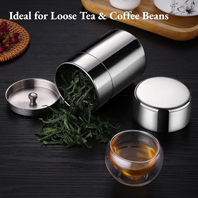 AUNMAS Tea Tin Canister, Stainless Steel Tea Coffee Sugar Storage Container with Airtight Double Lids for Loose Tea and Tea Bags, Kitchen Cup for Coffee Sugar Seasoning Storage (450ml)