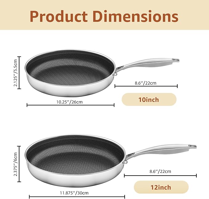 LOLYKITCH Frying Pan Set Nonstick10/12 Inch Stainless Steel Skillet with Detachable Handle and Glass Lids, Induction & Oven Safe, Professional Non-Toxic PFOA Free Pans for Everyday Cooking