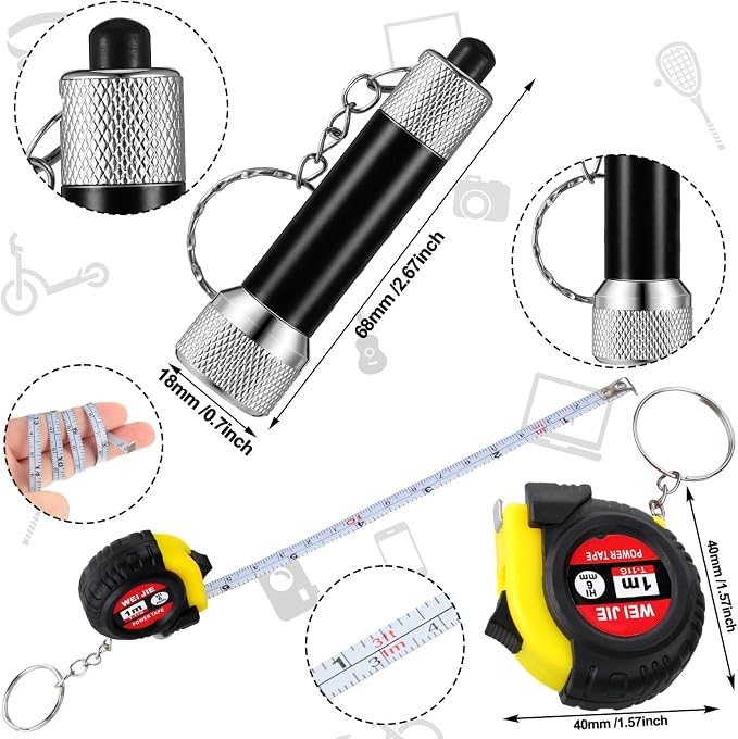 Jutom 48 Pcs Mini Tape Measure Keychain Screwdriver LED Light Keychain Bulk Men Adult Tool Party Gifts Prize for Man Father's Day Housewarming Gifts Adult Useful Tool Favors (Black)