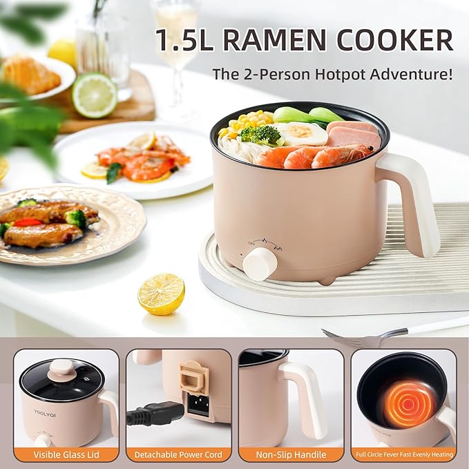 Hot Pot Electric 1.5L, Portable Ramen Non-Stick Cooker for Noodles, Soup, Oatmeal, Ramen Pot with Boil Dry Protection for Dorm, Office, Travel