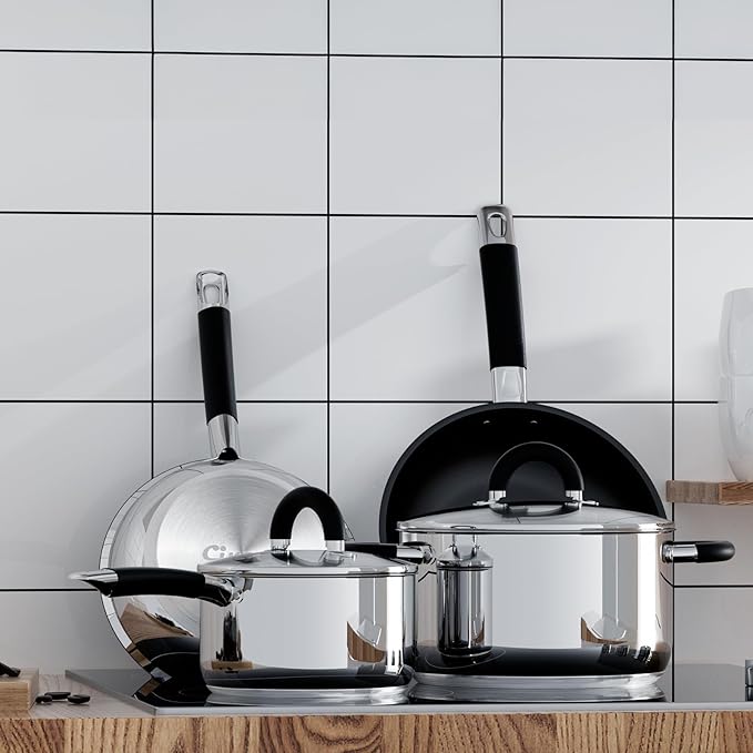 Pots and Pans Set Non Stick, Stainless Steel 5 Ply Base Cookware Set, Frying Pans, Quickly Heat Up Fix All Stove Induction Cookwares, Dishwasher Safe, Warminghouse Gift