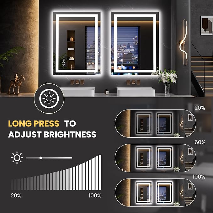 LOAAO 23.6"x31.5" LED Bathroom Mirror with Lights, Anti-Fog, Dimmable, Backlit + Front Lit, Lighted Bathroom Vanity Mirror for Wall, Memory Function, Tempered Glass, Safe to Use, ETL Listed