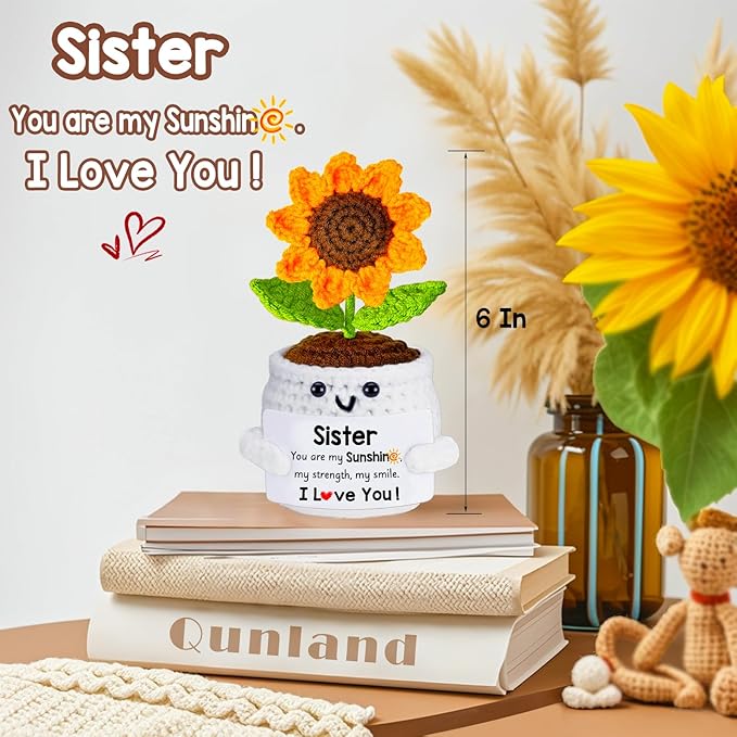 Qunland Gifts for Sister, Galentines Birthday Mothers Day Sister Gifts for Women from Sisters Brother, Handmade Emotional Crochet Cute Sunflower Doll Soul Gift for Sisters in Law BFF Bestie Presents