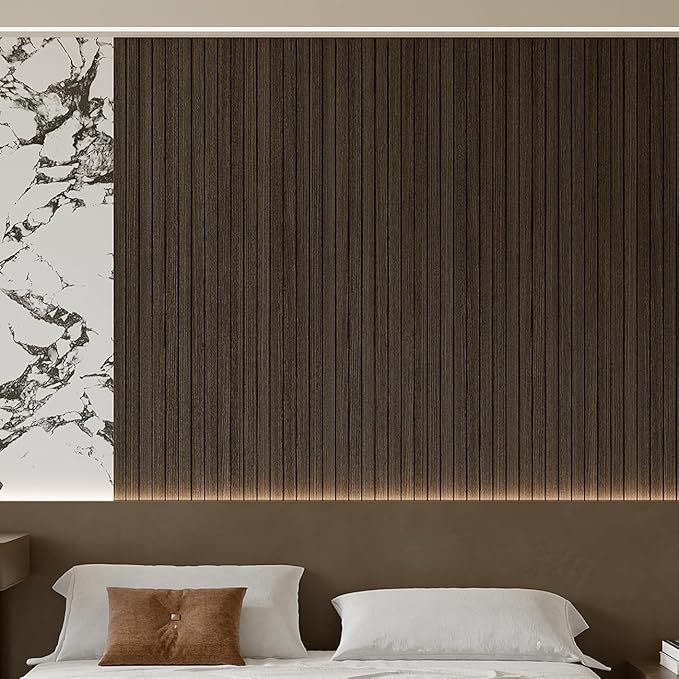 Yutianli PVC Slat Wall Panel Peel and Stick 236"x 15.7" Faux Wood Slat Panel Artificial Smoked Wood Grain Self-Adhesive Soundproof 3D Wall Panel for Walls and Ceilings
