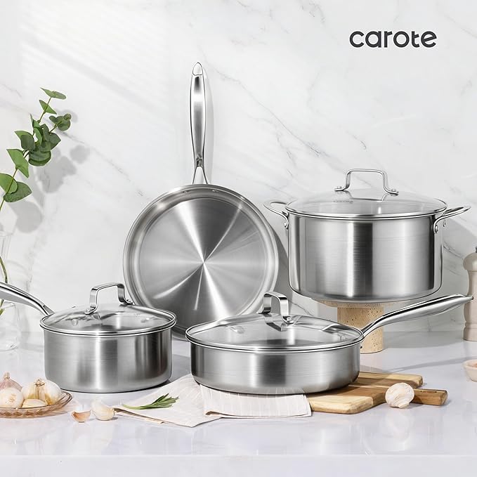 CAROTE 7-Piece Tri-Ply Stainless Steel Frying Pan Set, Skillet Set 8"/10"/12", Induction Compatible, Oven & Dishwasher Safe, Silver Handle