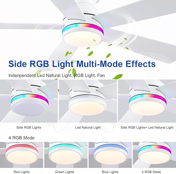 White RGB Ceiling Fans with Lights - 46" Flush Mount Ceiling Fan with Remote APP, RGB+3CCT Dimmable Led Light, Reversible 6 Wind Speeds&2H Timer, Low Profile Modern Fan Light Fixture for Bedroom Party
