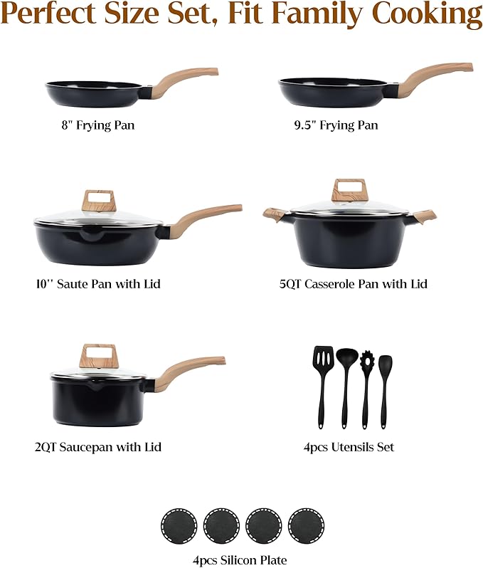 FDN 16Pcs Titanium Pots and Pans Set,Toxic-Free Cookware Set, Dishwasher & Oven Safe, Induction Compatible with Bakelite Wood Grain Handle, Compact and Durable