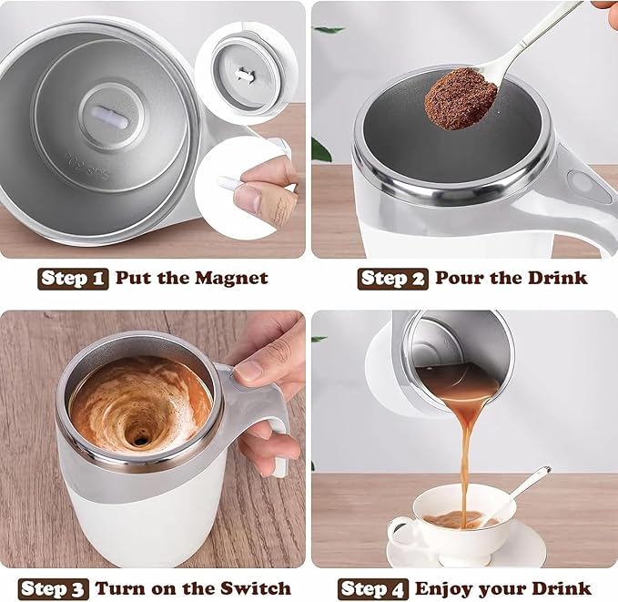 Automatic Magnetic Stirring Coffee Mug 2025 Upgrade Reusable Coffee Mug Rechargeable Electric Self Stirring Coffee Mug Rotatable Metal Coffee Mugs High Speed Mixing Cup for Office Home (White)