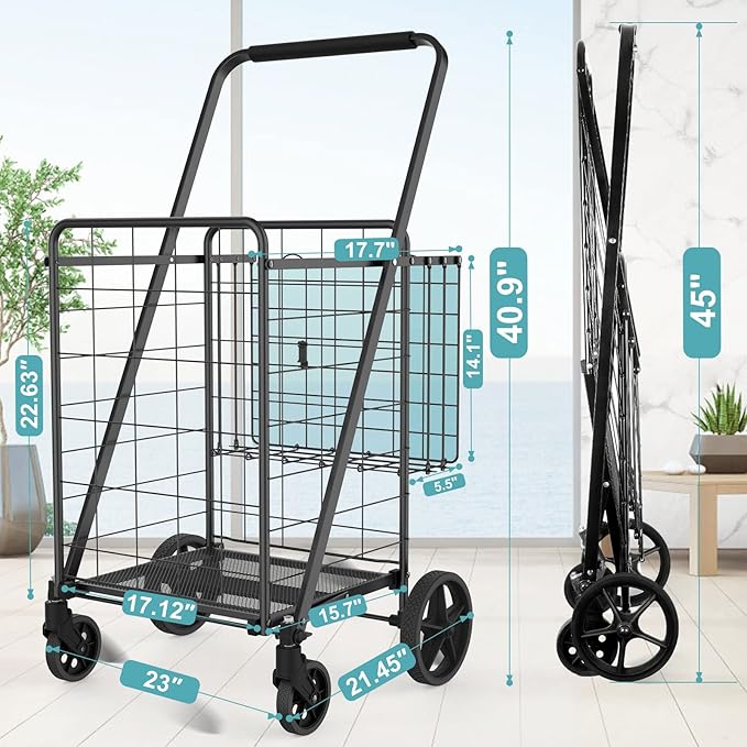Upgraded Shopping Cart for Groceries,330LBS Jumbo Grocery Cart with Waterproof Liner, 360° Rolling Swivel Wheels and Double Basket, Heavy Duty Folding Shopping Carts for Laundry Transport