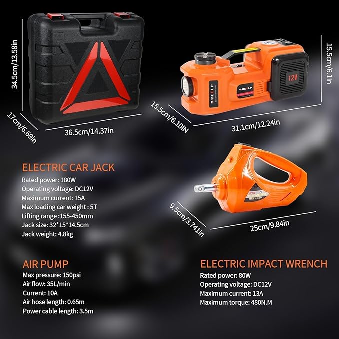 E-HEELP Electric Car Jack Kit 5Ton 12V Hydraulic Car Jack Lift (Lifting Range: 6.1~17.7 inch) with Electric Impact Wrench for SUV MPV Sedan Truck Change Tires Garage Repair