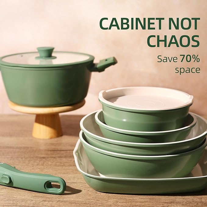 BECIGAR 23pcs Ceramic Pots and Pans Set, Nonstick Detachable Handle Cookware, Induction Kitchen Cooking Set with Removable Handle,include Frying Pans & Saucepans Oven Safe(Green)