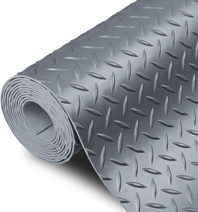 SEAL 4 x 8 Ft Premium Garage Floor Mat, Solid 2.8mm Thick Lay-Flat Gray Commercial Grade Heavy Duty Parking Mat for Garage Floor, Golf Cart, Water/Stain Resistant Runner (Embossed Diamond Plate)