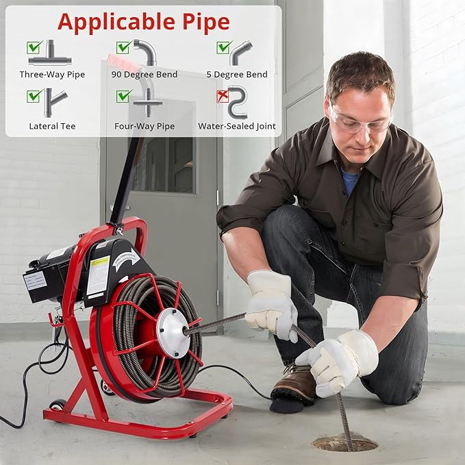 Patikuin 75FT x 3/8 Inch Electric Drain Cleaner Machine, Auto Feed Sewer Snake Auger with Motor, 4 Cutters & Air Foot Switch, for 1-4 Inch Pipes, Toilets, Sinks, and Floor Drains