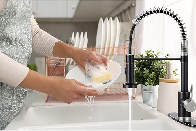 DJS Kitchen Faucets with Pull Down Sprayer Matte Black & Brushed Nickel High Arc Single Handle 1 or 3 Holes Spring Kitchen Sink Faucet with Deck Plate for Farmhouse RV Vessel Basin