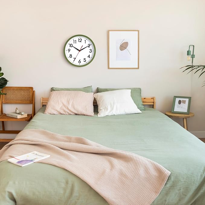 AKCISOT 10 Inch Wall Clock, Battery Operated Analog Clock, Silent Non-Ticking, Ideal for Bedroom, Bathroom, Kitchen, Office and School, Olive Green