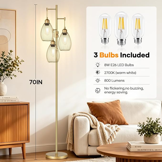 Dimmable Floor Lamp, 3 x 800LM LED Edison Bulbs Included, Farmhouse Industrial Floor Lamp Standing Tree Lamp with Elegant Teardrop Cage Head Tall Lamp for Living Room Bedroom Office Dining Room - Gold