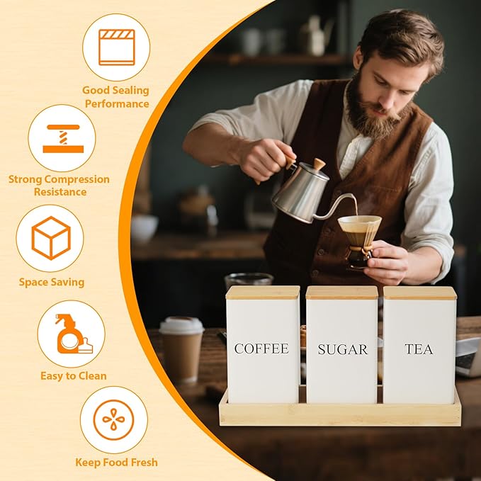 3Pcs Coffee Tea Sugar Container Set,White Iron Storage Tin with Bamboo Lid and Tray, Square Airtight Food Container Jars for Farmhouse Kitchen Dining Room Countertop Decor