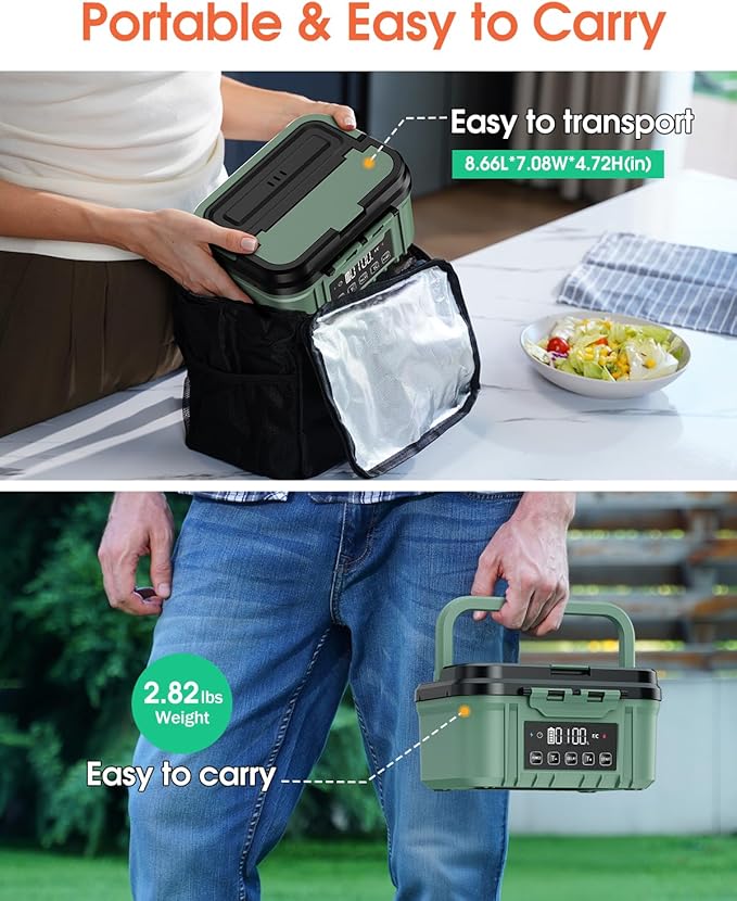 Cordless Electric Lunch Box for Adults – Battery-Powered Heated Lunch Box with 1.2L Stainless Steel Container, Timer Function, and Leak-Proof Food Warmer for Work, Travel & Office(Pine Green)