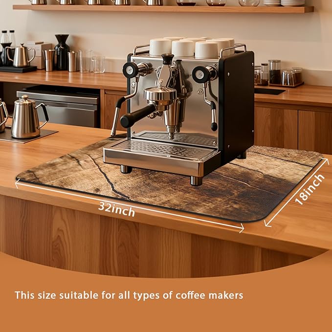 Coffee Mat 32x18 Inch, Wood Grain Coffee Placemat, Absorbent Hide Stain Rubber Backed Dish Drying Mat for Kitchen Counter, Bar Mats for Countertops, Under Coffee Bar Maker Machine Pot Espresso Staion