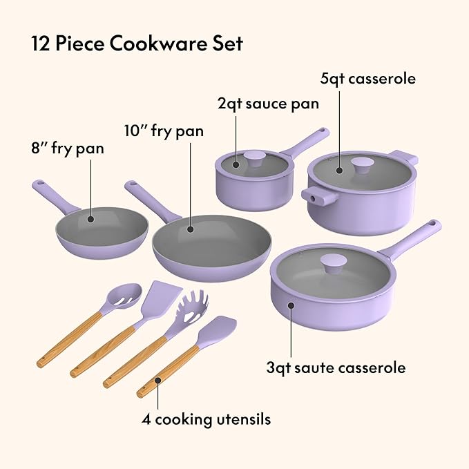 So Yummy by bella 12 Piece Cookware Set w EverGood™ Ceramic Nonstick Coating and Silicone & Wood Utensils, Dishwasher Safe Silicone & Glass Lids, Oven Safe & All Stovetop Compatible, Lavender