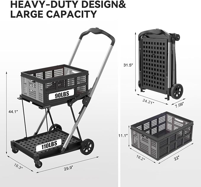 Collapsible Shopping Cart with Wheels,2 Tier Multi Use Foldable Shopping Cart with 2 Storage Crates,Folding Shopping Trolley Utility Cart for Office,Groceries, Warehouse,Supermarket,Picnic (Grey)