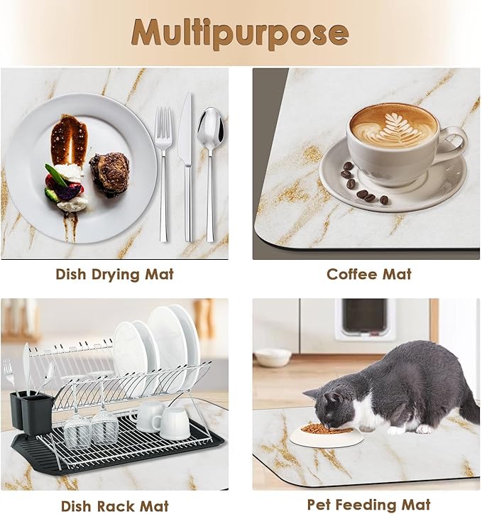 Arttown Coffee Mat for Countertops, Marble White Gold Dish Drying Mat 2 Pcs for Kitchen Bar Accessories, Fit Under Coffee Maker Espresso Machine Dish Rack Hide Stain Rubber Backed 12x19in
