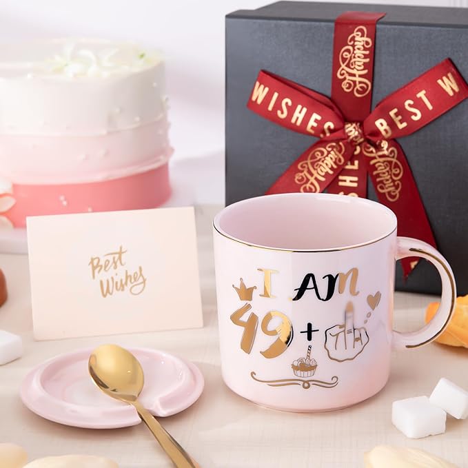 ALBISS Funny 50th Birthday Gifts for Women, 14oz Pink Marble Ceramic Coffee Mug with Gold 49+1 Sassy Hand Design, Elegant Turning 50 Gift for Her, Greeting Card & Gift Box Included