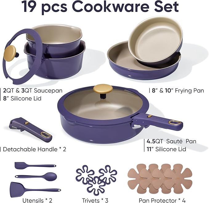 CAROTE 19 Pcs Pots and Pans Set, Nonstick Cookware Sets with Detachable Handle, Purple Dishwasher Safe, Oven Safe, Cookware Non Stick Cooking Set w/Frying Pans & Saucepans(PFOS, PFOA Free)
