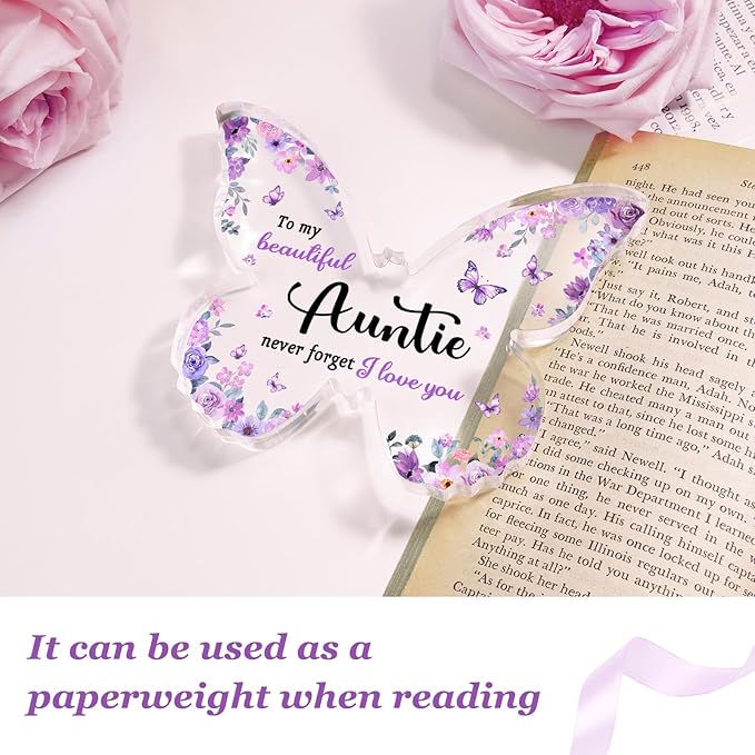 Auntie Gifts for Mothers Day Aunt, Unique Purple Butterfly Acrylic Plaque Desk Decor, Aunt Auntie Mothers Day Christmas Birthday Gifts, 5 x 3.8 x 0.5 inches