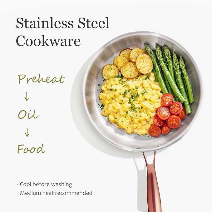 CAROTE 7-Piece Tri-Ply Stainless Steel Frying Pan Set, Skillet Set 8"/10"/12", Induction Compatible, Oven & Dishwasher Safe, Gold Handle