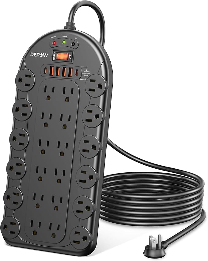 DEPOW 6.5 Ft Power Strip Surge Protector with 24 AC Outlets (1875W/15A) 6 USBs (2 USB-C Ports), 3,400 Joules, Heavy Duty Flat Plug Extension Cord, Wall Mountable for Home, Office, Black, ETL Listed