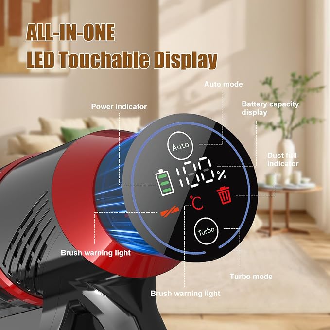 Cordless Vacuum Cleaner for Home Lightweight Anti-Tangle Brush | 500W Powerful Suction, 3 Suction Modes, Touch Screen, LED Light, Stick Vacuum for Home Pet Hair Floors Car Carpets Dorm