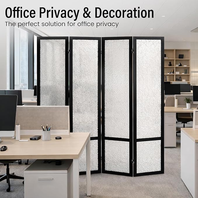 Acrylic Room Divider 4 Panel 67" Tall Room Divider and Privacy Screen with Solid Paulownia Wood Frame, Freestanding Partition Divider for Room Separation, Home, Bedroom, Office - Black