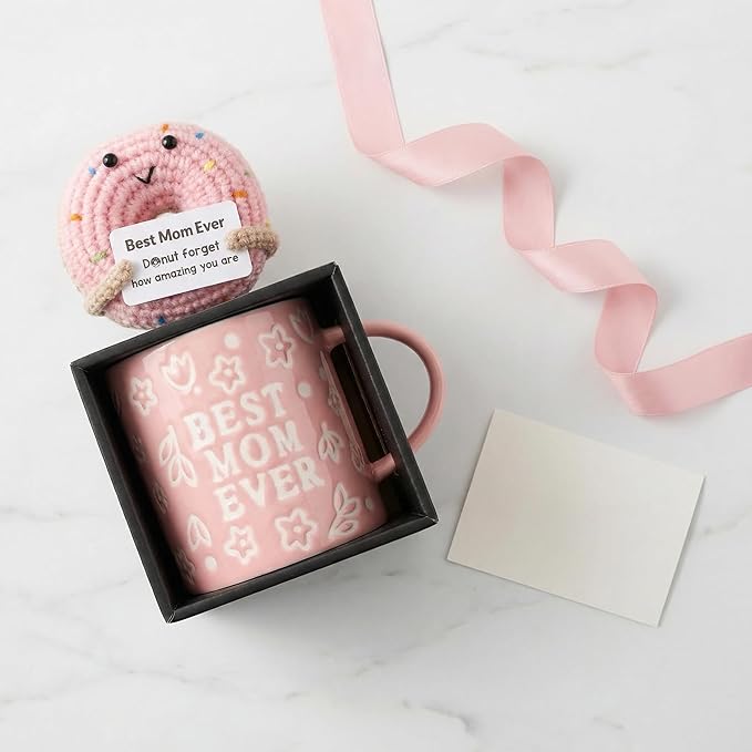 Mothers Day Gifts, Best Mom Ever Gifts for Mom from Daughter, Pink Floral Embossed Pattern Mother's Day Mug and Handmade Donut Crochet Gifts Set