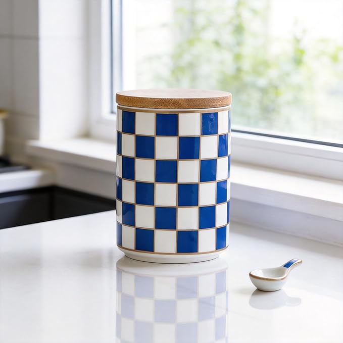 Kitchen Countertop Ceramic Checkered Canisters,Black And White Food Storage Containers With Lid,Airtight Kitchen Canisters for Flour, Sugar, Coffee, Tea, and Dry Goods (Blue, Small)