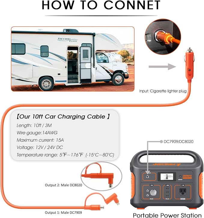 12V/24V Car Charging Cable Compatible with Jackery BLUETTI Anker Portable Power Station 14AWG 15A Heavy Duty Car Charger Cord with Cigarette Lighter Accessories (10 Feet)
