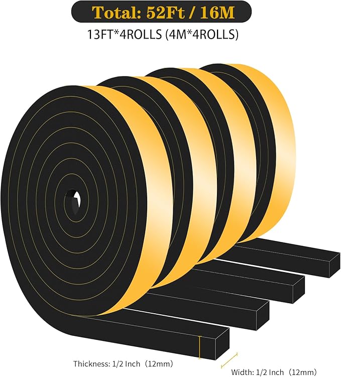 Weather Stripping Door Seal,Weather Stripping,Soundproof,Cold Insulation,High Density CR Foam Insulation Tape for Door, Front Door Frame, Windows,Sliding Door (Black, 1/2 in x 1/2 in x 52Ft)
