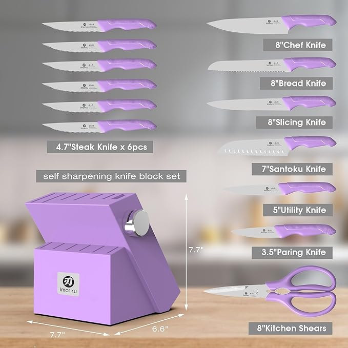 imarku 14-Piece Knife Set with Block, High Carbon Stainless Steel Kitchen Knives with Built-in Sharpener, Ergonomic Non-Slip Handle, Perfect for Home Cooks & Chefs, Purple