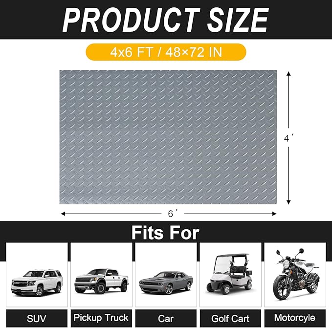 4x6FT Garage Floor Mat, 2.8mm Thickened Flooring Roll for Under Car, Golf Cart Parking Mat, Diamond Plate PVC Rubber Motorcycle Mat, Non-Slip Floor Protector for Garage Warehouse Trailer, Grey