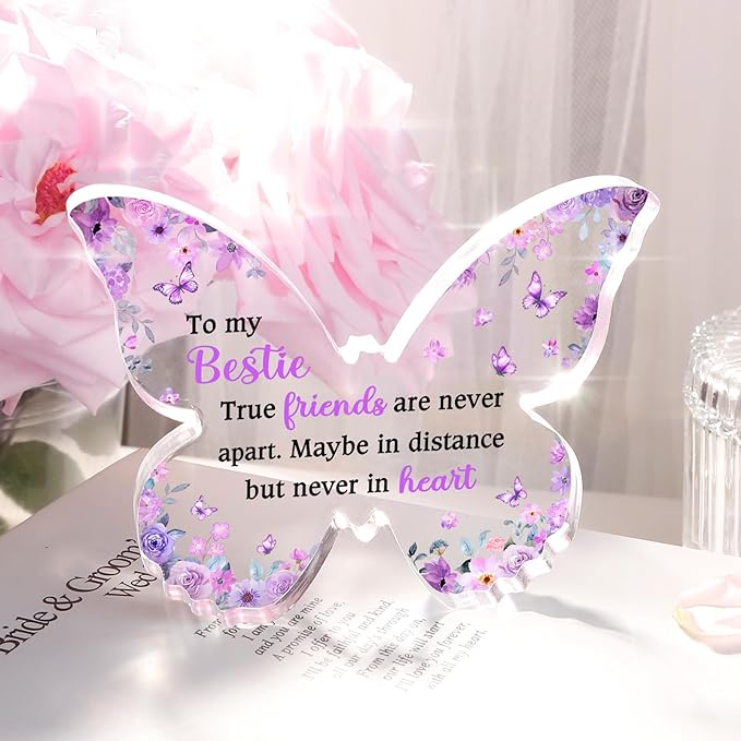 Best Friend Gift for Women, Unique Purple Butterfly Acrylic Plaque Desk Decor, Bestie Best Friend Birthday Gifts for Women Friendship for Bff Bestfriend, 5 x 3.8 x 0.5 inches