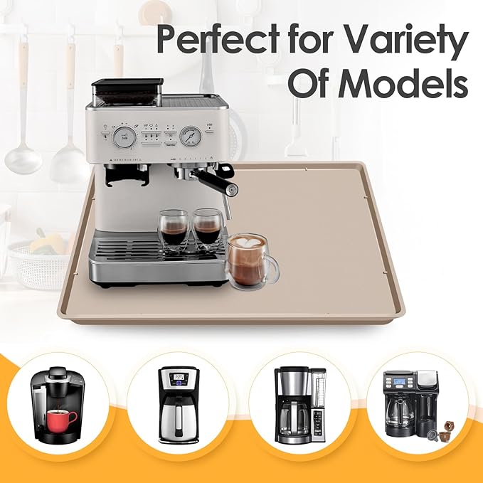 TOHONFOO Silicone Coffee Maker Mat with Lip, 19.7'' x 15'' Heavy Duty Coffee Maker Mat for Countertops, Coffee Tray Fit Under Coffee Machine Appliance Automatic Machines Espresso Accessory, Khaki
