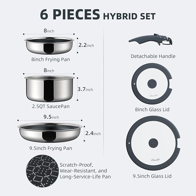 Ciwete 6-Piece Hybrid Stainless Steel Pots and Pans Set Non Stick, Tri-Ply Stainless Steel Cookware Set with Lids and Detachable Handle, PFOA Free Kitchen Skillet for All Cooktops, Dishwasher Safe