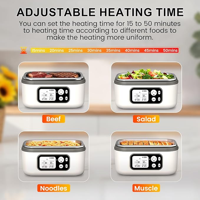 Cordless Electric Heated Lunch Box, XL 6.3Cups Rechargeable Food Warmer Lunch Box with Self Heating, Smart Timer, Adjustable Temperature, Leakproof, BPA Free, Removable Divider White