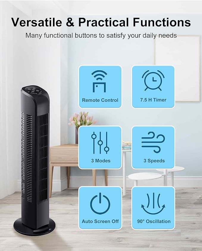 Uthfy Oscillating Tower Fan with Remote, Electric Standing Floor Fan for Bedroom Indoor Office and Home Use,Quiet Cooling Portable Bladeless Tower Fans, 30 inchs, Black