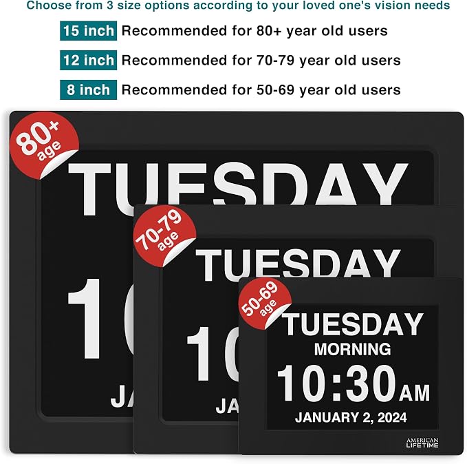 American Lifetime New 2026 Dementia Clock Large Digital Clock for Seniors, Digital Calendar Large Display, Custom Alarms, Clock with Day & Date for Elderly 21.5 Inches Black