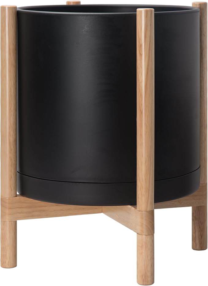 D'vine Dev Plastic Pot with Natural Wood Stand, Black, 16 in, 55-C-Y-2 | Mid-Century Inspired Design, Elevated Plant Display, Clean Lines, Sturdy Support, Modern Space-Saving Style
