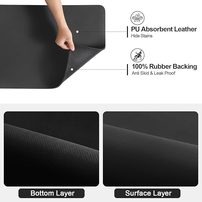 Ecotrim Absorbent Coffee Mat , Stain Hiding PU Leather Surface, Non-Slip Natural Rubber Backing, Quick Dry Mat for Espresso Machine, Kitchen Counter ,Black | 17" x 31.5"