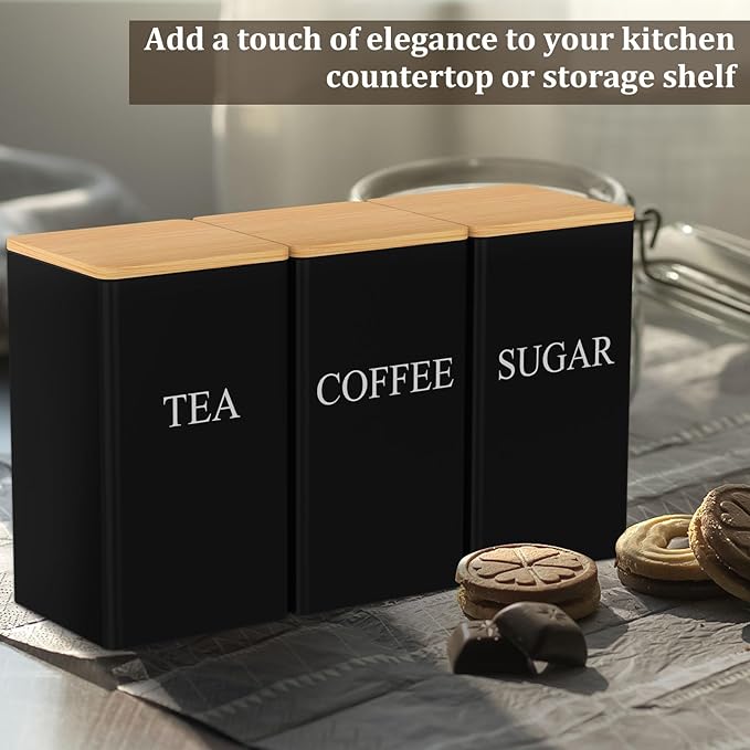 3 Pcs Coffee Tea Sugar Container Set, 1000 ML Metal Teas and Coffee Canisters Set with Bamboo Lids, Black Canisters Sets for Kitchen,Food Storage Container Jars for Kitchen Counter Storage (Black)
