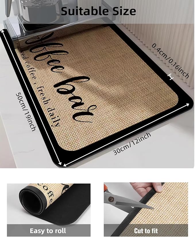 Coffee Mat 12"x19" Coffee Bar Mat Rubber Backed Bar Accessories Super Absorbent Dish Drying Mats for Kitchen Counter, Fit Under Coffee Maker Espresso Machine Dish Rack (Cream)